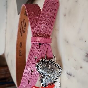 Justin Boots | Pink Tooled Leather Belt with Heart Rhinestone Buckle Sz 22